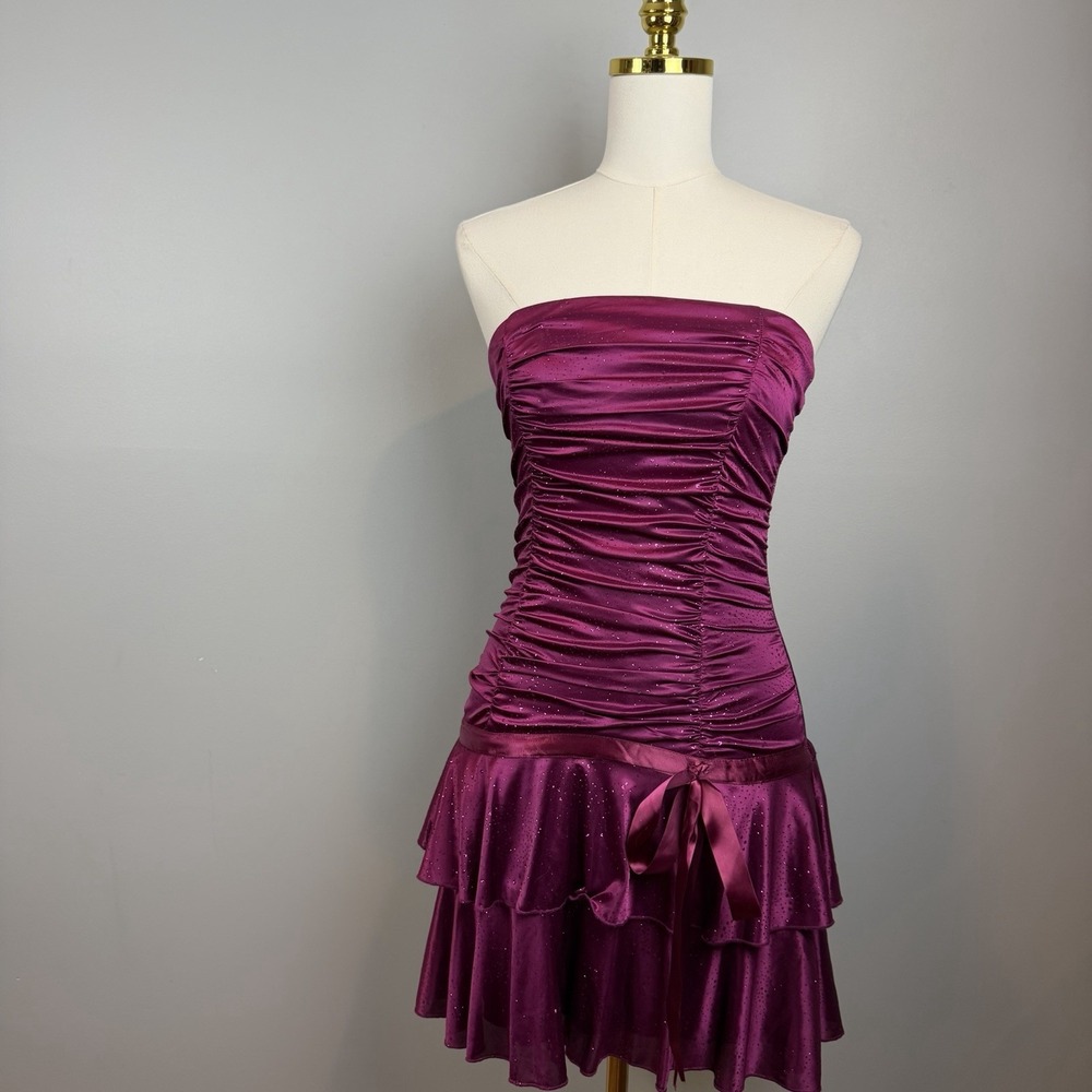 Vtg My Michelle Dress Womens S Purple Satin Glitter Ruched Strapless Y2K HOCO
